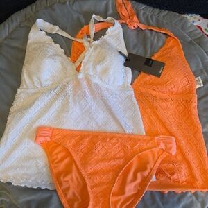 White & Bright Orange Crochet Bikini Set